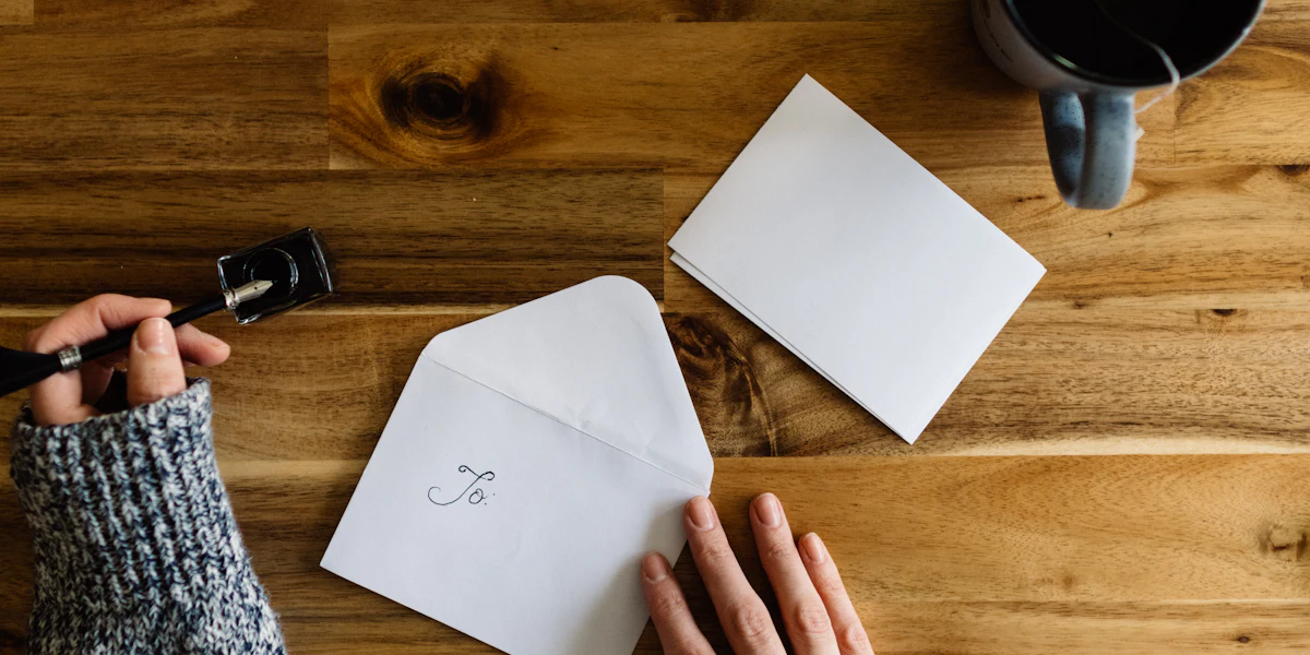 Manos con una carta y un sobre abierto sobre una mesa de madera, junto a una taza de café
