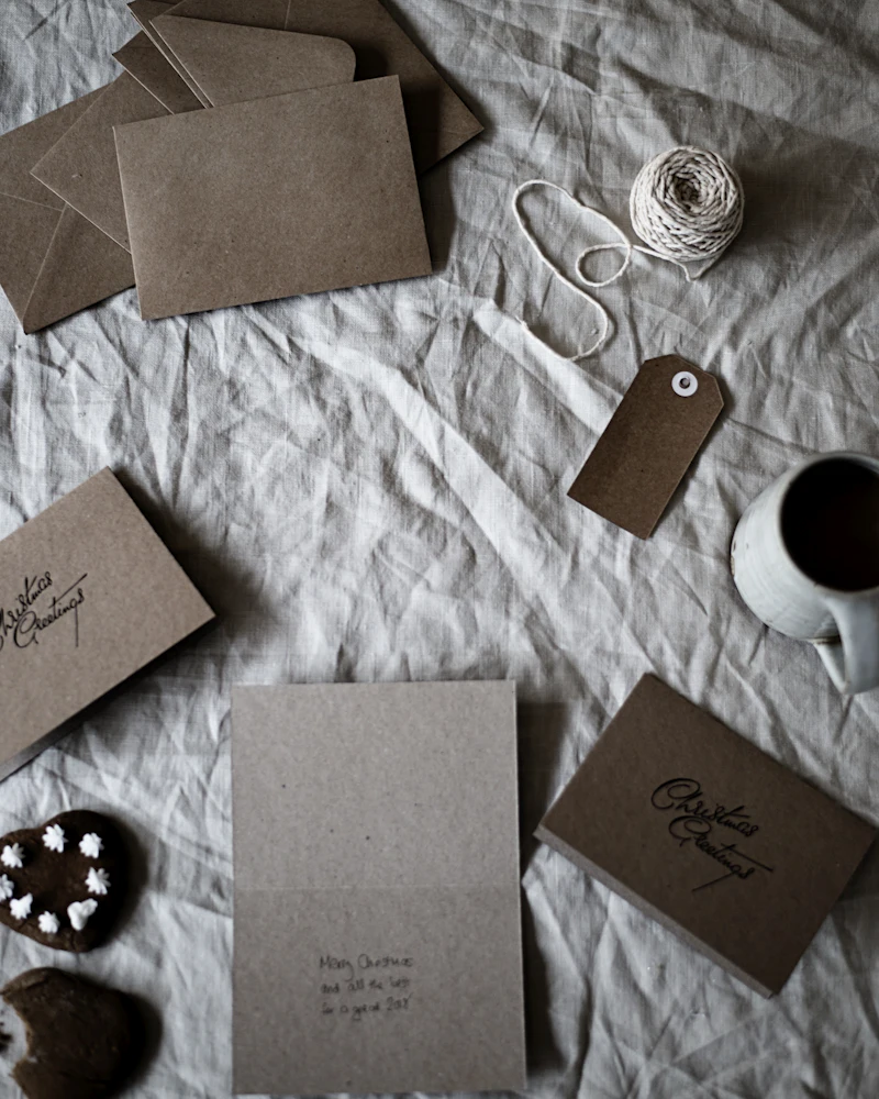 Sobres y tarjetas de papel kraft sobre un mantel de lino, junto a una taza